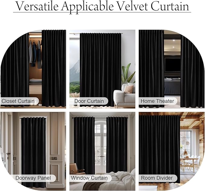 StangH Black Doorway Curtain Soft Velvet Blackout Thermal Insulated Privacy Room Dividers Thick Winter Window Drapes for Office/Bedroom/Hallway/Patio Closet, W42 x L80, 1 Panel