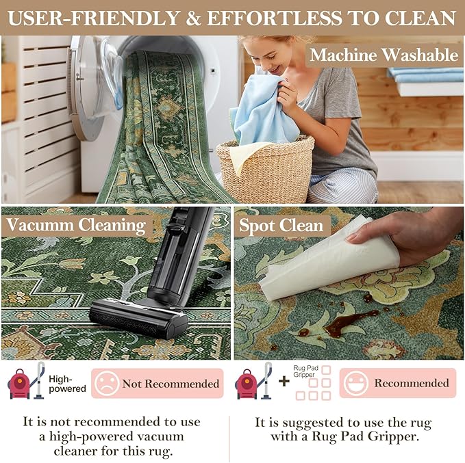 Machine Washable Rugs Nursery Rug 9x12 Area Rugs Non Slip Low Pile Water Repellent Soft Print Pattern for Bedroom Indoor Decor Kids Playroom Green