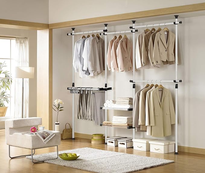 Prince Hanger Deluxe Pants & Shelf Hanger Heavy Duty One Touch Load 880LBS Clothing Racks for Hanging Clothes Metal Wardrobe Closet Garment Tension Rod Freestanding Ivory Height Adjustable PHUS-0052