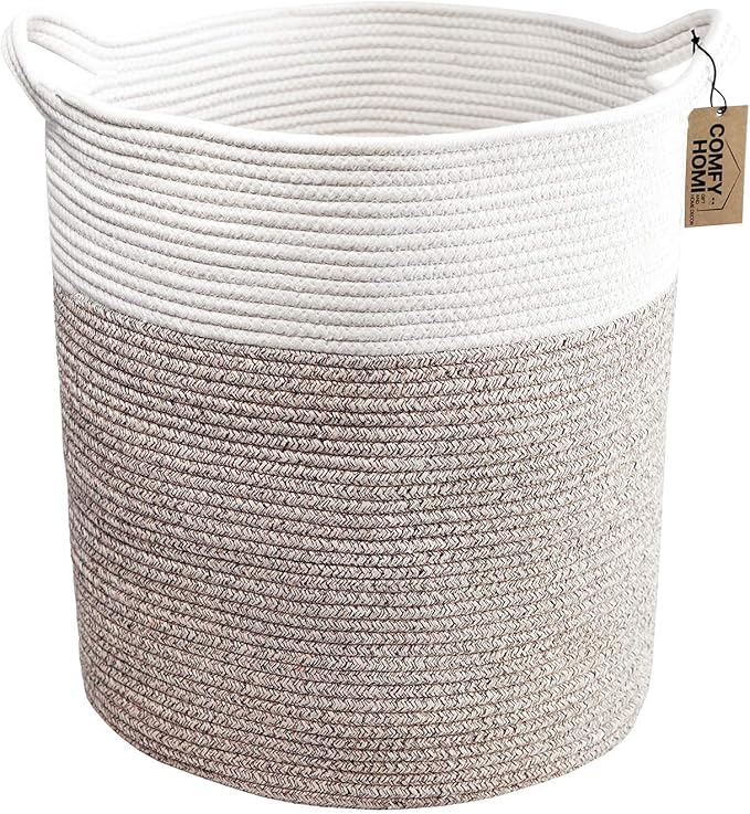 COMFY-HOMI XXL Large Laundry Basket with Handles Blanket Baskets Living Room|Woven Cotton Rope Decorative Basket Laundry Hamper Baby Basket Nursery Dog Toy Storage Organizer Bin-16”x18”-White Brown