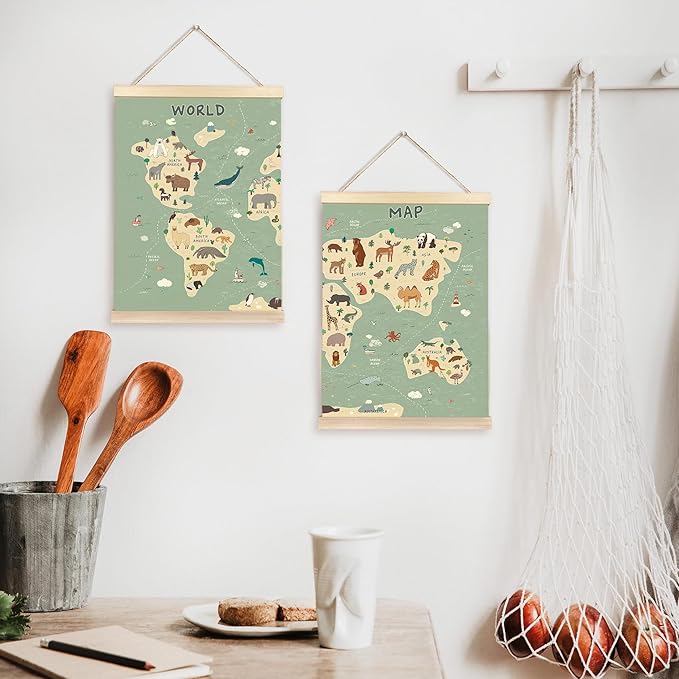 CGBHW World Map Poster Hanger Frame Set of 2, Cute Animal Educational Learning Tool Posters Wall Art Hanging Decor for Kids Room Nursery Classroom Home School Playroom Homeschool, 12x16