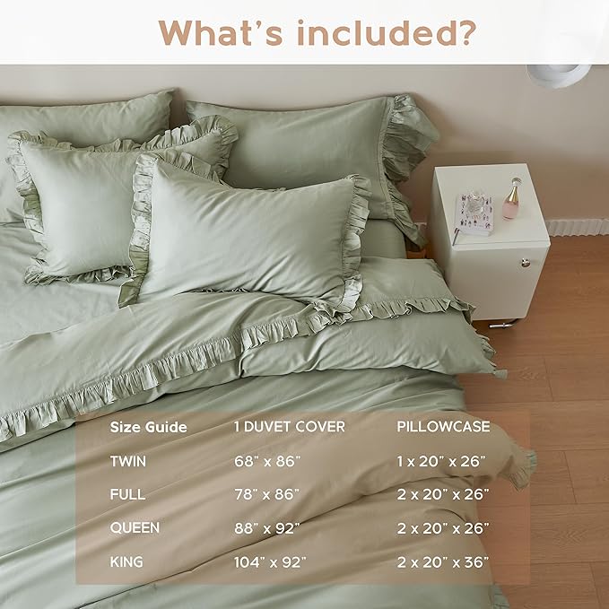 Simple&Opulence Kids 100% Organic Cotton King Duvet Cover Ruffle 3Pcs(1 Comforter Cover 2 Pillowcases) Cute Lace Vintage Boho Shabby Chic Farmhouse Bedding Set Teen Girls(Sage Green, King)
