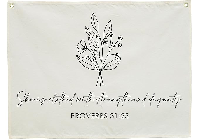 Christian Bible Verses Nursery Wall Decor-Canvas Rectangular Flags Wall Decoration for Baby Kids Girl Boy,Babyroom Bedroom Playroom Decor,Baby Shower Christmas Gift-She is Clothed with Strength