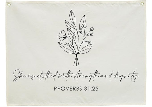 Christian Bible Verses Nursery Wall Decor-Canvas Rectangular Flags Wall Decoration for Baby Kids Girl Boy,Babyroom Bedroom Playroom Decor,Baby Shower Christmas Gift-She is Clothed with Strength