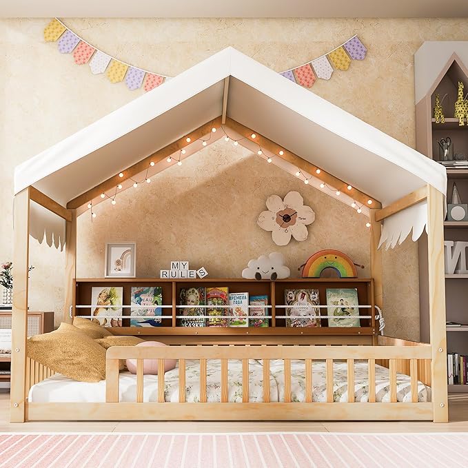 Merax Full Size Montessori Floor Bed for Kids Toddler, House Shaped Kids Full Bed Frame with Safety Guardrail, Curtain & Lights, Side Storage Bookshelves, Solid Wood Slats, Easy Assembly, Beign