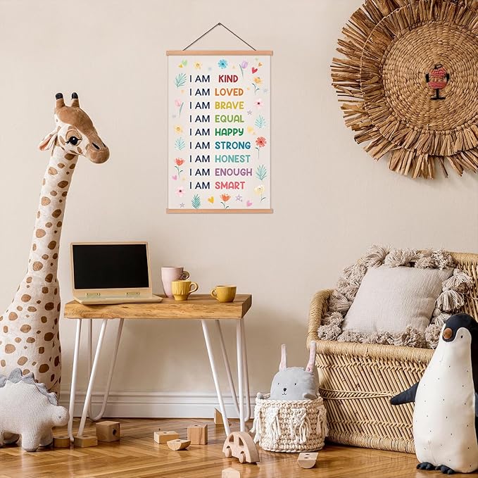KAIRNE Positive Affirmations Wall Decor For Kids,I am Kind Smart Poster Hanger Frame, Boho Flowers Girly Poster,Rainbow Wall Art Hanging Inspirational Banner Decor for Classroom Nursery Playroom
