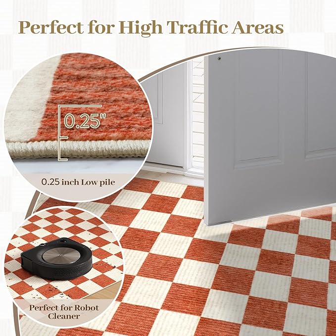 LIVEBOX 8x10 Area Rugs for Living Room, Checkered Non-Slip Washable Rugs, Farmhouse Neutral Classic Halloween Pattern Large Boys Area Rug for Bedroom, Carpet for Dining Room Office(Orange,8'x10')