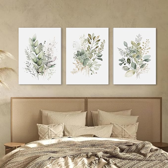 WRFON Watercolor Botanical Wall Art Set of 3 Boho Sage Green Wildflower Canvas Wall Art Prints Modern Floral Wall Decor for Bedroom Living Room Bathroom Decorations Framed 12x16 Inches