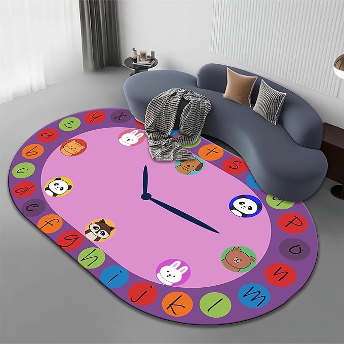 Children's Area Rugs, 3x5ft, Alphabet Animal Early Learning Oval Rug, Cartoon Animal Pointer Print Playmat, Non-Slip Washable Purple Floor Carpet for Kids Room Classroom Nursery