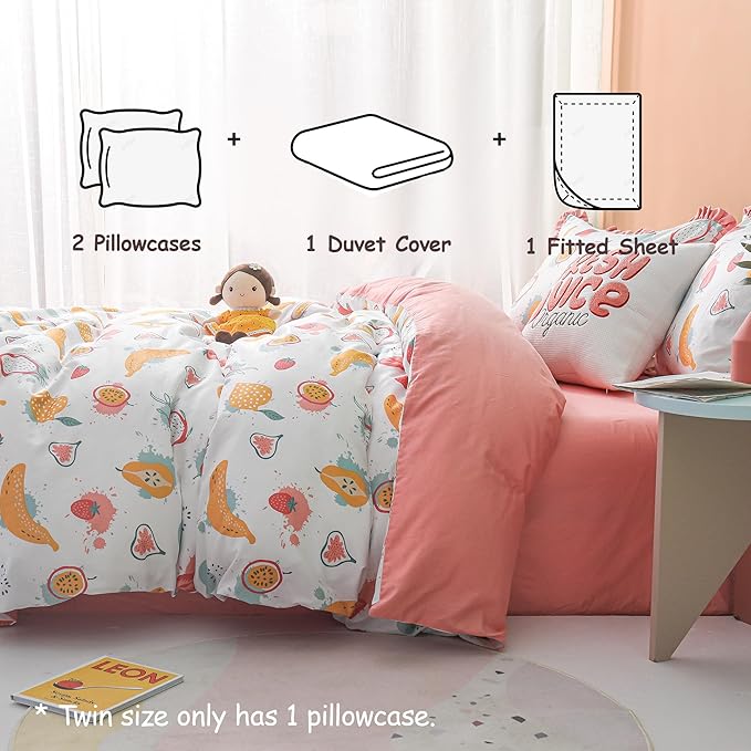 Simple&Opulence 100% Organic Cotton Duvet Cover for Kids Teens, 4 Piece Soft Cartoon Comforter Cover with Zipper Closure, Kawaii Girls Bedding Set with Colorful Fruits Pattern, Full/Queen