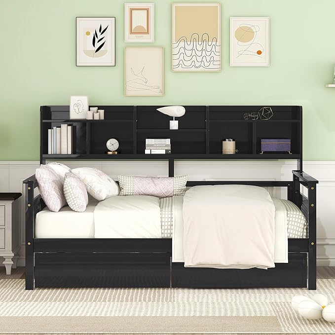 Harper & Bright Designs Twin Daybed with Storage, Wood Twin Size Bed Frame with Bookcase Headboard and 2 Drawers, Twin Sofa Bed with Shelves for Living Room Bedroom, No Box Spring Need, Espresso
