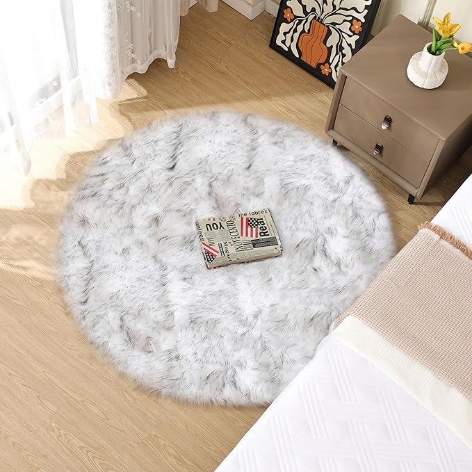 White and Grey Round Shag Rug 4ft Faux Sheepskin Fur Rugs for Living Room Small Circle Washable Plush Rug for Nursery Cute Room Décor