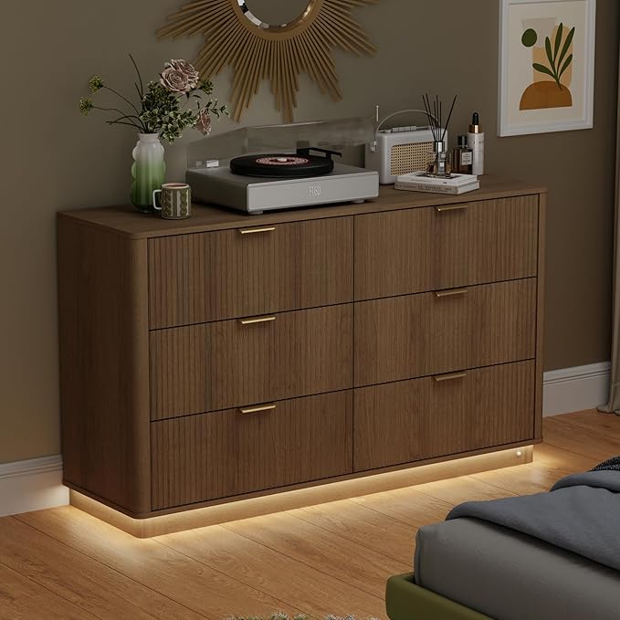 Fluted Dresser for Bedroom with 6 Drawers, 54" Wide Modern Chest of Drawers with Lighting, Wooden Dresser TV Stand with Curved Edges, Closet Organizer for Living Room, Hallway,Natural