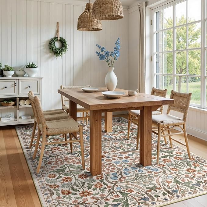 6x9 Washable Area Rug for Living Room, Floral Non-Slip Non-Shedding & Easy Care, Soft Low Pile Botanical Indoor Floor Carpet for Living Room, Bedroom, Farmhouse, Dining Room, Kids Playroom, Beige