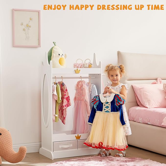Kids Dress Up Storage with Mirror, Kids Armoire with Non-Woven Drawers, Open Costume Closet with Hanging Rack for Toddlers (White)