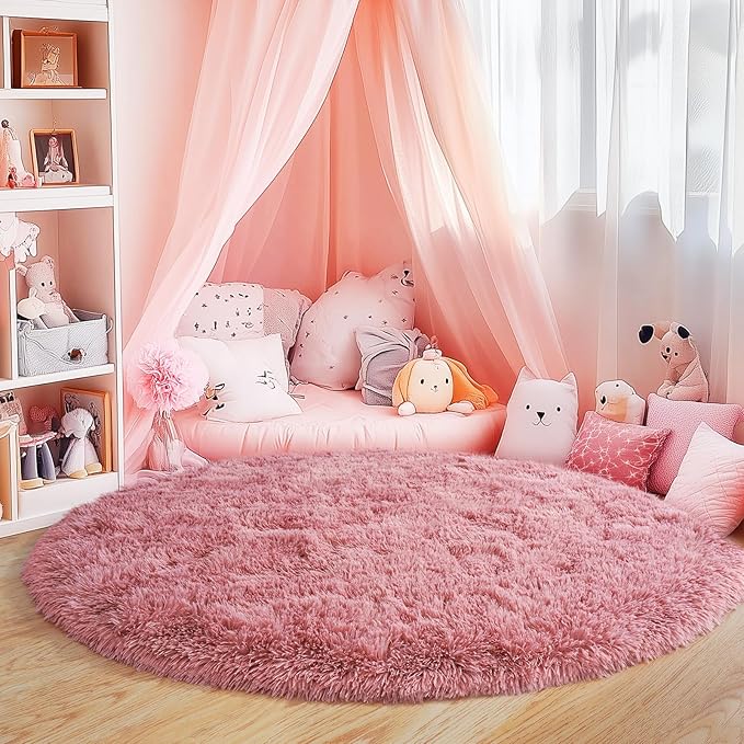 6‘x6’ Blush Round Rugs for Girls Bedroom, Ultra Soft Fluffy Circle Rug for Kids Room, Cute Shag Rugs for Living Room Playroom Tent Castle Home Decor Rug