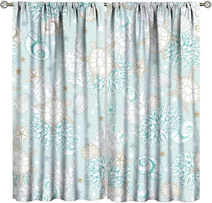 Nautical Curtains,Seagorses Coral Starfish Reef Seashell Beach Sea Seashell Pattern Blackout Print Home Bedroom Living Room Window Treatmen 2 Panel Set 42x54 Inch