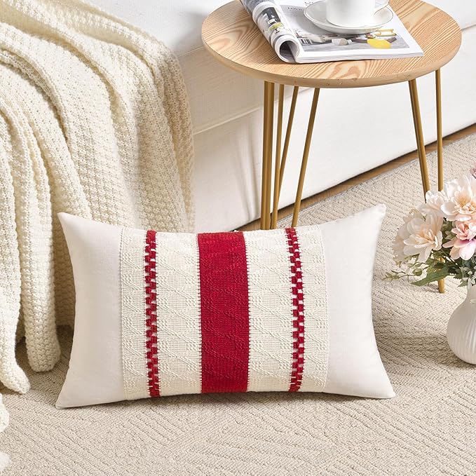 Fancy Homi Set of 2 Boho Red Lumbar Decorative Throw Pillow Cover 12x20 Inch for Couch Bed Sofa Chair, Modern Organic Farmhouse Home Decor, Soft Cotton Cute Accent Rectangle Cushion Case