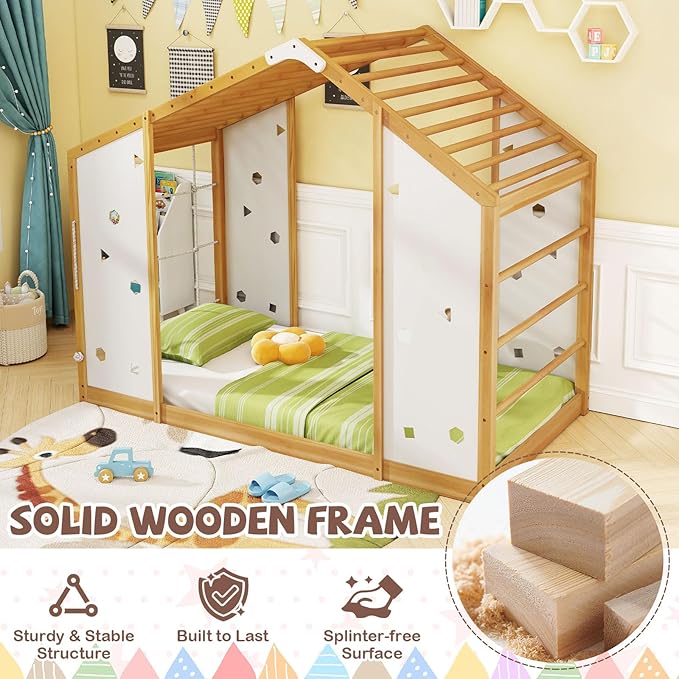 Giantex Twin Size Montessori Floor Bed, 3-in-1 Indoor Kids Jungle Gym Playground with Climbing Slide Swing Net, Monkey Bars, Wood House Bed Frame with Playset for Boys Girls, Natural+White