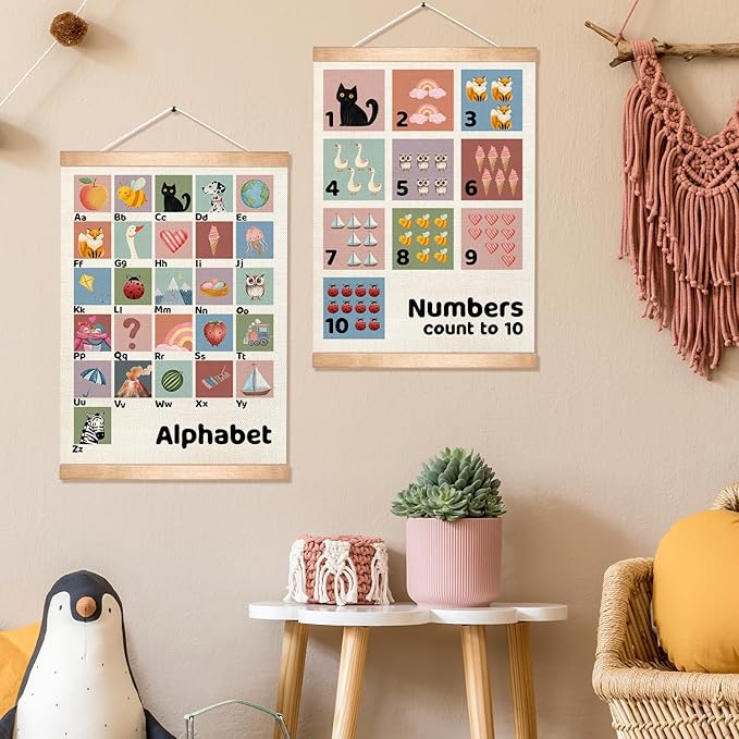 Kids Alphabet and Numbers Learning Posters Set of 2, Linen Canvas Educational Wall Art,Canvas Print Wall Hanging Posters, Cute Animal ABC 1-10 Numbers Charts for Nursery Playroom Preschool Classroom Decor, 18.5x14 Inch(Colorful-02)