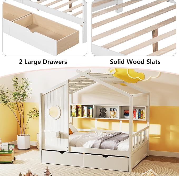 Aoowow Twin Size House Bed with Storage Shelves and Drawers, Wood Platform Kids House Bed with Window and Roof for Bedroom, Twin Playhouse Bed Frames for Boys Girls, Can be Decorated, White