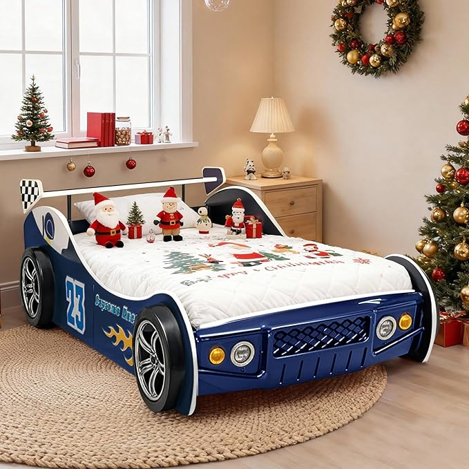 Race Car Twin Bed Frames for Kids, Wood Car-Shaped Bed Frame with Wheels LED Lights & Slat Support for Toddler, Teens, Boys or Girls (Race Car-Blue)