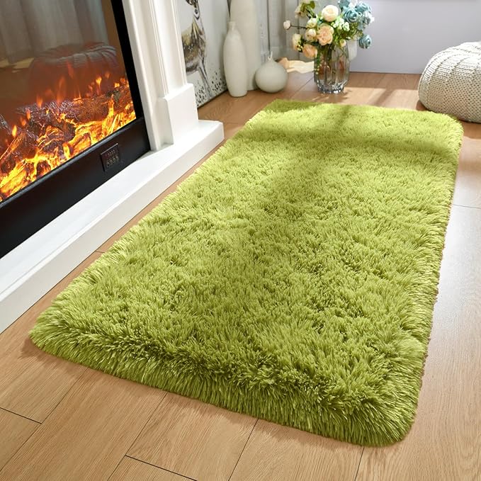 Merelax Fluffy Shaggy Small Area Rug, Green 2x4 Indoor Rug Runner Rugs for Entryway Door Decor, Mini Fuzzy Plush Throw Rug, Soft Non-Slip Shag Catpet for Livingroom Holiday Doormat Home Aesthetic