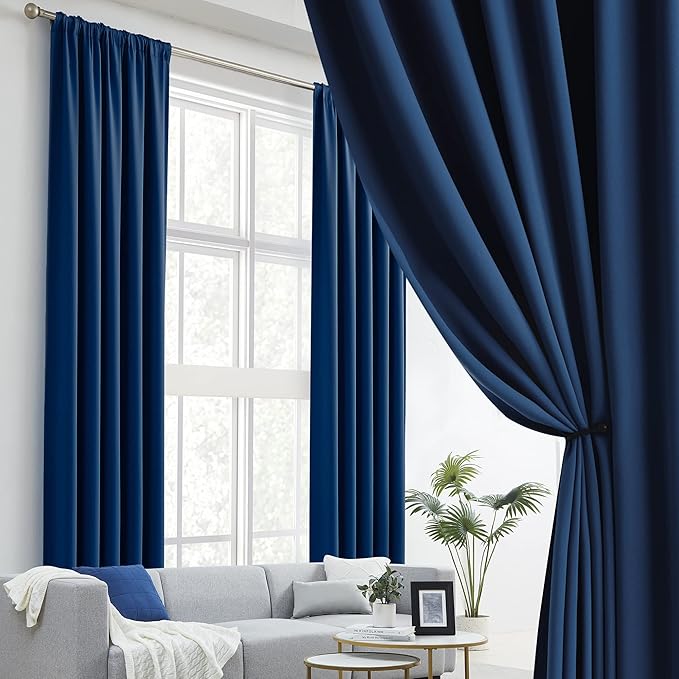 DUALIFE Blackout Curtains Thermal Insulated Blackout Drapes Window Treatment Panels Room Darkening Bedroom Draperies for Living Room Back Tab/Rod Pocket, Navy Blue, W52 x L102, 2 Panels