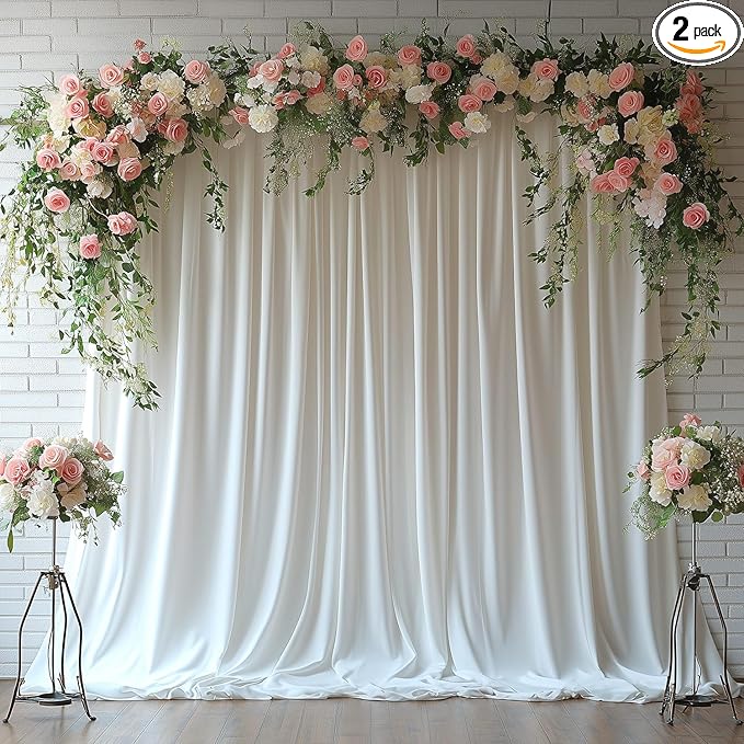 White Backdrop Curtains for Wedding Parties, 10x7FT Wrinkle Free Photo Backdrop Curtains for Wedding Birthday Party Baby Shower, Fabric Drape with Rod Pockets 5ft x 7ft, 2 Panels