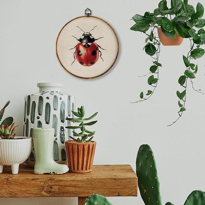Hiuwevt Vintage Ladybug Round Wall Art Decor, Farmhouse Cottagecore Lady Bugs Framed Canvas Prints, Rustic Insect Round Wall Hanging Decor for Home Bedroom Living Room Decorations, 10x10 Inches