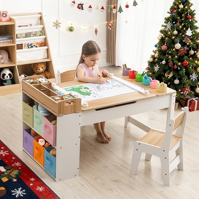 Kids Art Table and Chair - Toddler Craft Table and Chairs Set with 2 Chair & Bins, Kids Activity Desk with Paper Roll for Playrooms & Classroom, 44" L x 24" W, Natural