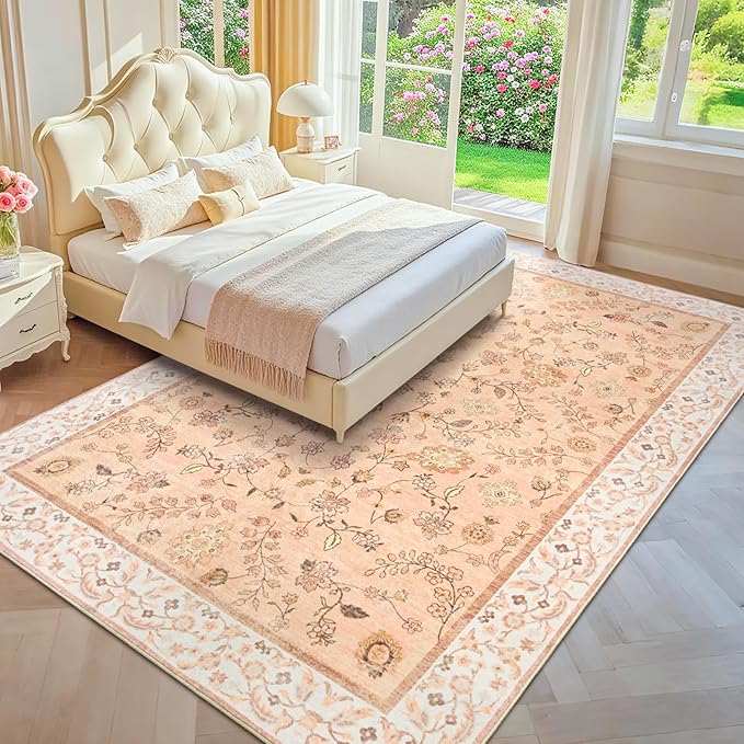 6x9 Rugs for Living Room, Orange Washable Floral Area Rug for Bedroom, Soft Non Slip Indoor Low Pile Carpet for Kitchen Dining Room, Large Boho Throw Carpets for Kids Nursery Office Dorm Home Decor