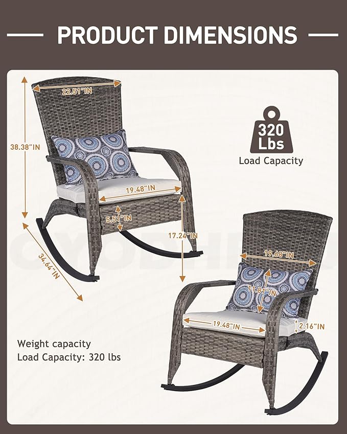 Patio Rocking Chair- Wicker Rocking Chairs Outdoor with Cushions and Pillow, All-Weather Outdoor Rocker Chair with 2 Replaceable Cushion Covers (White & Blue) 320lbs