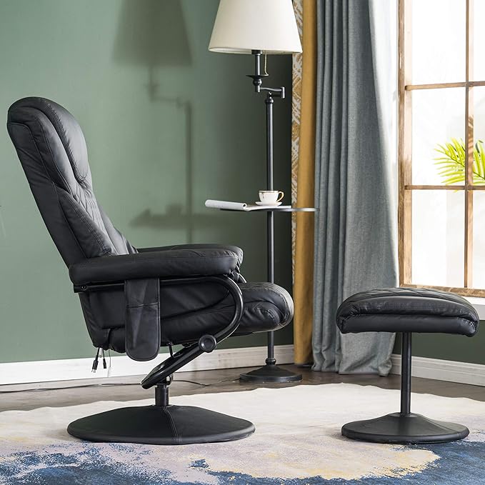 MCombo Recliner with Ottoman, Reclining Chair with Massage, 360 Swivel Living Room Chair Faux Leather, 4901 (Black)