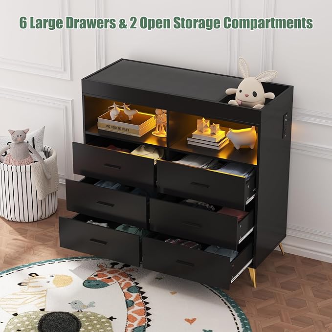 Dresser for Bedroom with LED Lights and Power Outlet, Baby Changing Table Dresser with 6 Drawers, 2 Open Storage Shelves, Baby Diaper Station with Changing Table Top (Black)