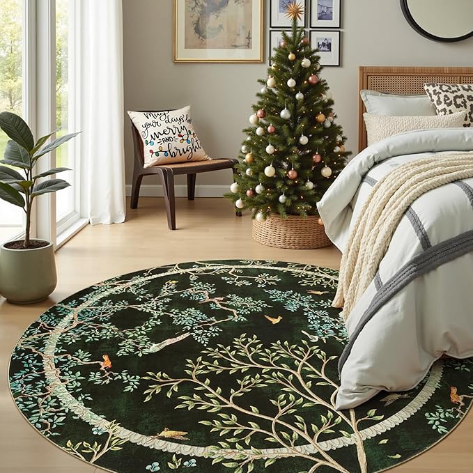 jinchan Yarden Christmas Round Rugs 6ft Moss Green Botanical Birds Print,Machine Washable 6' Circle Nature Plants Modern Soft Non-Slip Kids Throw Area Rugs, Low Pile Carpet for Living Room Bedroom
