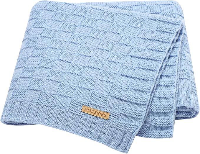 LAWKUL Baby Blanket Blue Cable Babe Blanket Checkered Knit Newborn Infants Soft Airy Receiving Swaddle Neutral Unisex 40"x30"