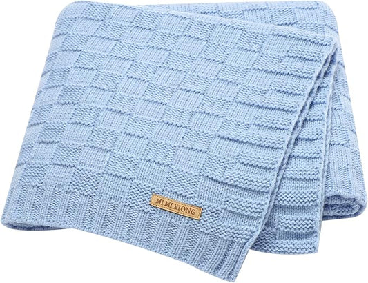 LAWKUL Baby Blanket Blue Cable Babe Blanket Checkered Knit Newborn Infants Soft Airy Receiving Swaddle Neutral Unisex 40"x30"