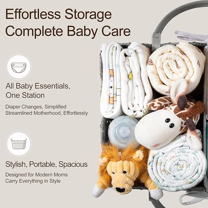 HBlife Baby Diaper Caddy Organizer, Washable Waterproof, Large Portable Scalloped Wicker Woven Basket with Divider, Nursery Diaper Station, Baby Shower Gifts Basket - Newborn Essentials, Car Organizer