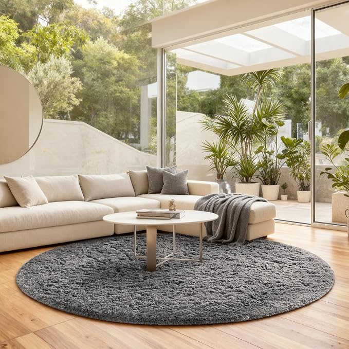 Ophanie Round Rugs 7Ft Grey Circle Area Rug, Fluffy Fuzzy Bedroom Carpet, Plush Soft Shaggy Indoor Floor Gray Living Room Rugs for Kids Home Decor Aesthetic, Nursery