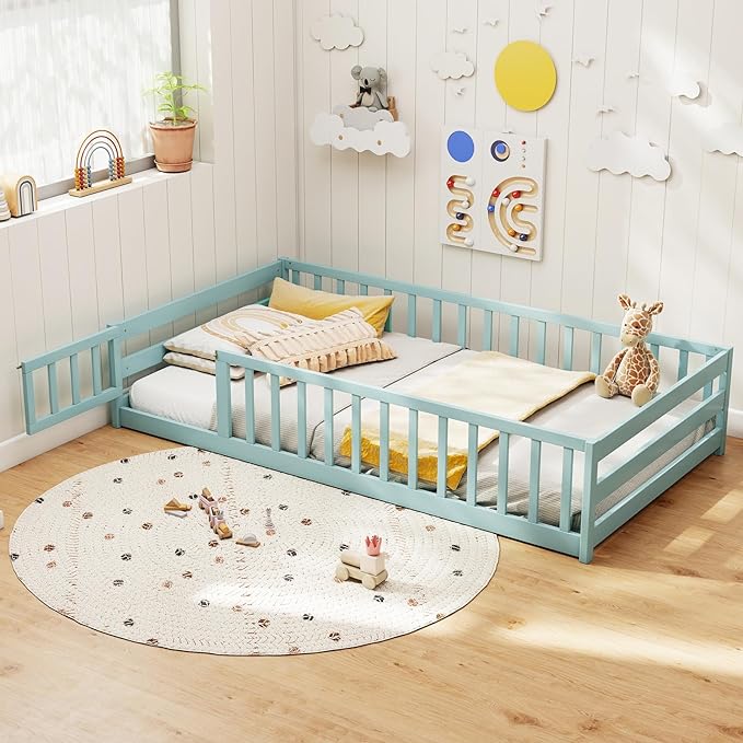 KOMFOTT Twin Size Wood Floor Bed with Door & Fence, Montessori Bed Frame with Full Length Safety Guardrails, Door & Latch, Wooden Montessori Floor Bed for Kids, Girls, Boys (Twin,Green)