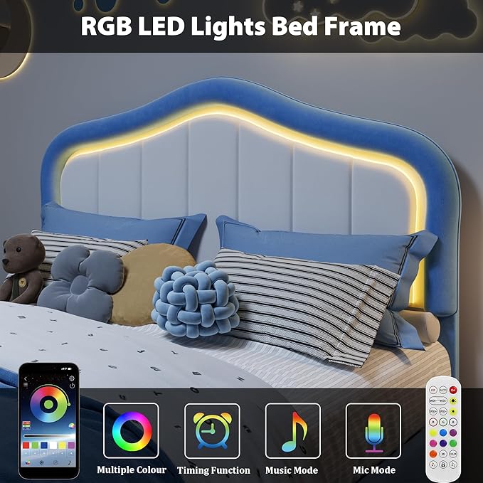GarveeHome Upholstered Full Size Bed Frame with Led Lights and Storage Drawer, Cute Velvet Led Bed Frame with Headboard for Kids, Girls, Boys, No Box Spring Needed, Wooden Slats, Noise Free, Blue