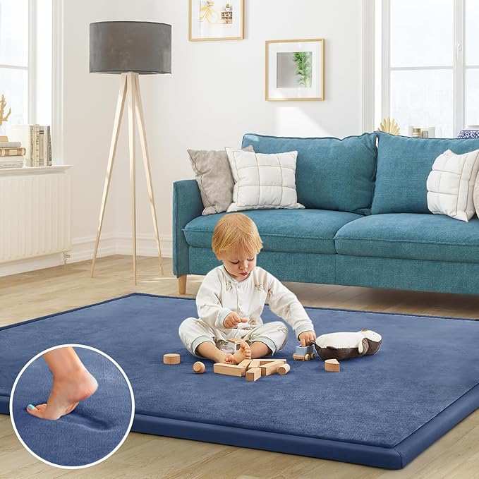 Baby Play Mat for Floor Tummy Time Mat Nursery Muscle Area Rug Playroom Rug Tatami 65"*50" Memory Foam 1.3" Thick Crawling For Babies,Toddlers, Infants, Kids,Floor(Blue)