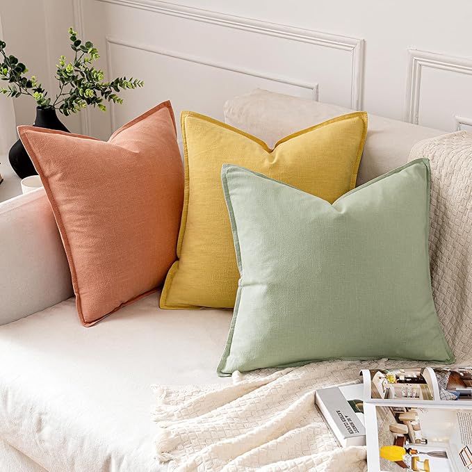 MIULEE Decorative Linen Pillow Covers 18x18 Inch Yellow Boho Farmhouse Neutral Couch Throw Pillows for Bed Pack of 2 Accent Modern Pillowcase Summer Sofa Livingroom Home Decor