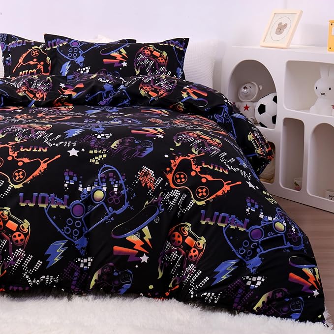 JSD Black Gamer Kids Duvet Cover Set Twin Size, 2 Piece Soft Printed Microfiber Comforter Cover with Pillow Sham Zipper Closure, Comforter Not Included