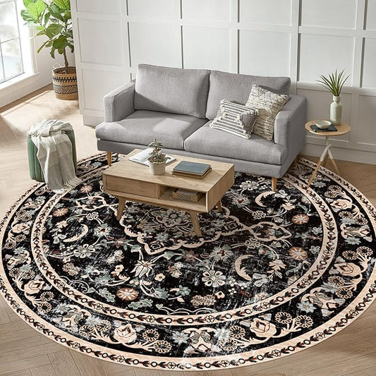 Vhong Boho Area Rugs Vintage Washable Modern Neutral Carpet Black 8×8 High Traffic Round Rugs for Dinning Room Living Room Bedroom Farmhouse Non Slip