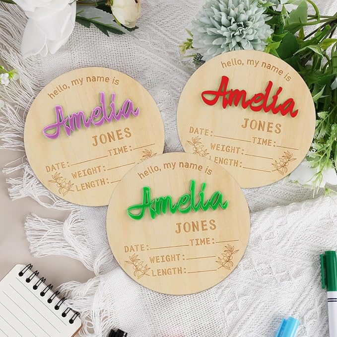 Personalized Baby Announcement Sign Custom Birth Newborn Announcement Sign for Hospital Wooden Baby Name & Footprint Sign Photo Prop Shower Gift (Circle)