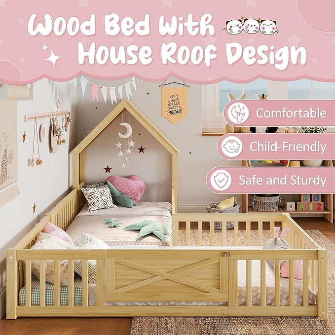 Harper & Bright Designs Twin Size House Shaped Double Floor Bed with Door and Full-Length Guardrails, Solid Wood Kids Montessori Floor Bed for Girls Boys, Multi-Function, Natural