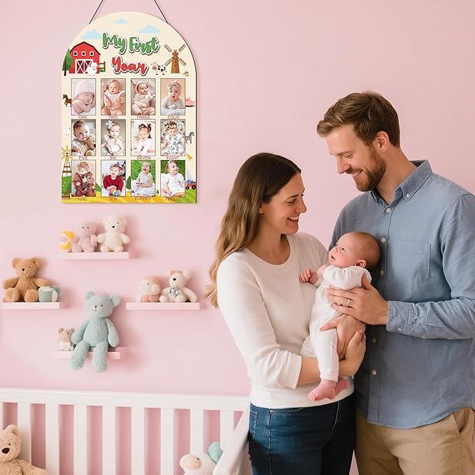 R HORSE My First Year Photo Display Wood Board - Baby’s First Year Picture Frame, 12 Months Milestone Board, 3D Farm Themed Neutral Baby Keepsake Gift One Year Old Birthday Nursery Decor for Girl Boy