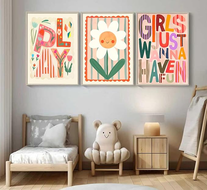 Boho Floral Sun Nursery Wall Art Girls Just Wanna Have Fun Positivity Affirmation Rainbow Print Playroom Classroom Counseling Office wall decor Play Poster for Kids Bedroom, 16x24 Inch, Set of 3